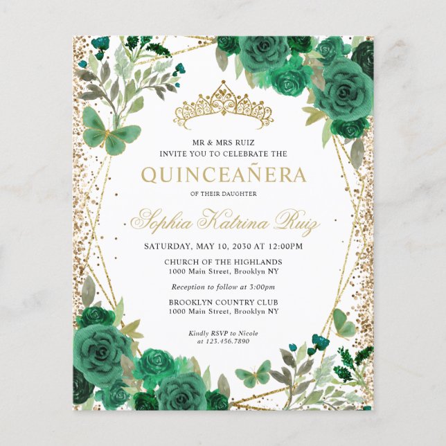 Cheap Floral Green Gold Tiara Quinceañera Invite Flyer (Front)