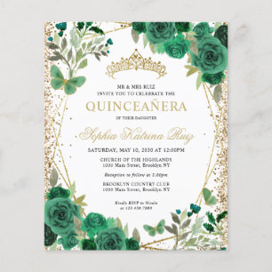 Cheap Floral Green Gold Tiara Quinceañera Invite Flyer