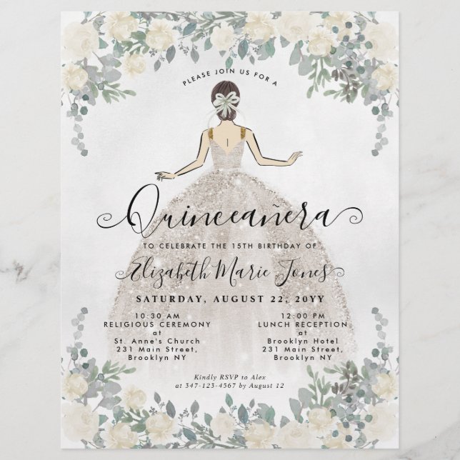 Cheap Floral Ivory White Glam Princess Quinceanera Flyer (Front)