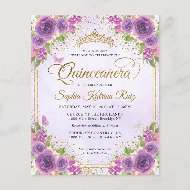 Cheap Floral Light Purple Gold Tiara Quinceañera Flyer (Front)