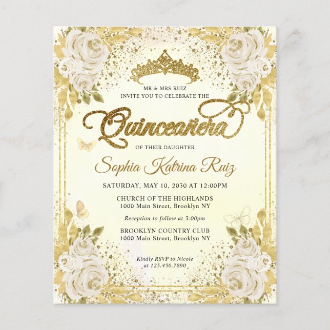 Cheap Floral Light Purple Gold Tiara Quinceañera Flyer (Front)