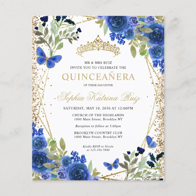 Cheap Floral Navy Blue Gold Quinceañera Invite Flyer (Front)