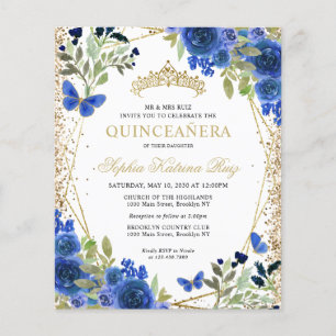 Cheap Floral Navy Blue Gold Quinceañera Invite Flyer