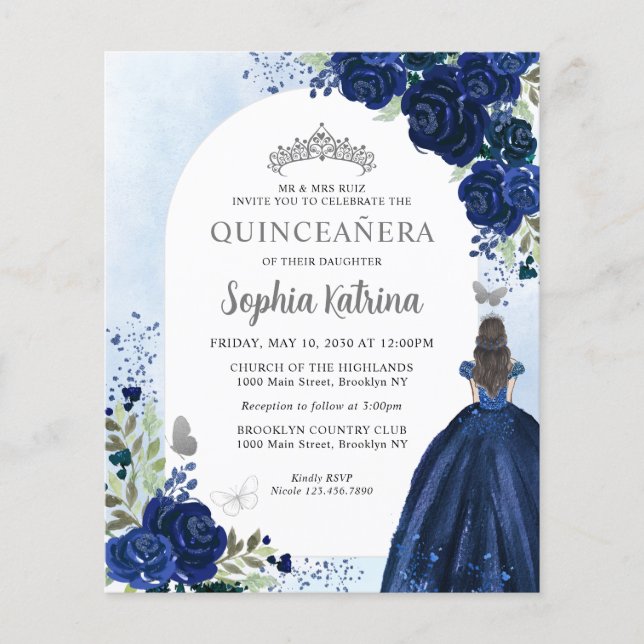 Cheap Floral Navy Blue Silver Princess Quinceanera Flyer (Front)