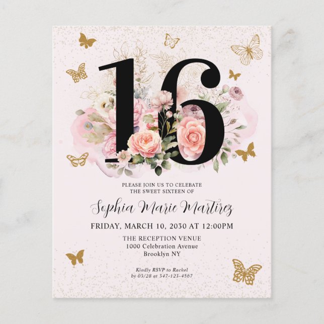 Cheap Floral Pink Gold Butterfly Sweet 16 Birthday Flyer (Front)