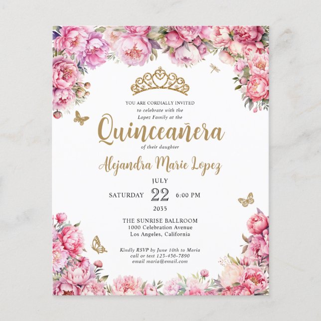 Cheap Floral Pink Gold Glitter Tiara Quinceañera Flyer (Front)