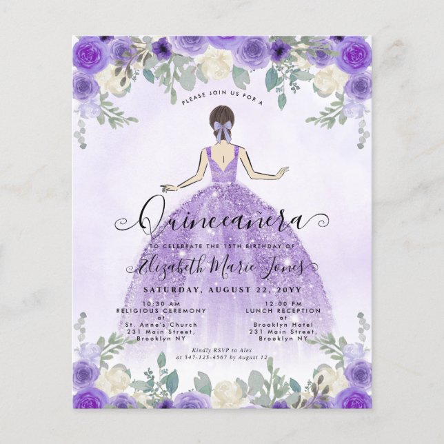 Cheap Floral Purple Princess Birthday Quinceanera Flyer (Front)