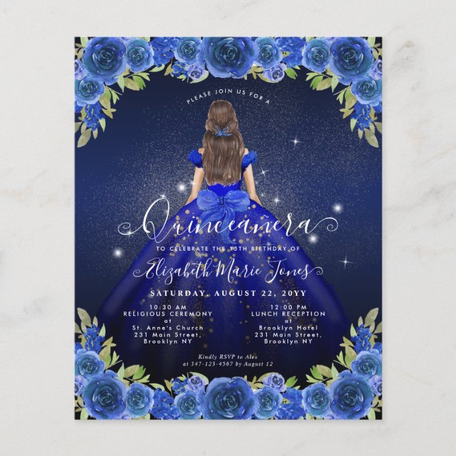 Cheap Floral Royal Blue Gold Princess Quinceanera Flyer (Front)