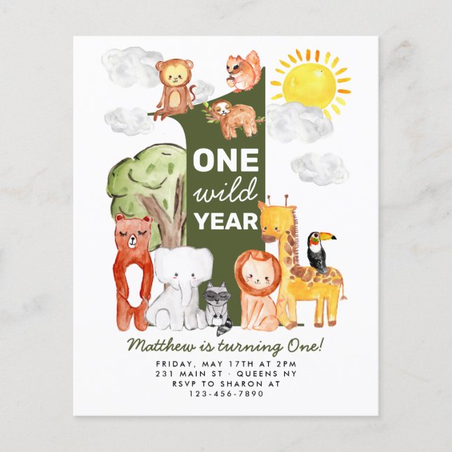 Cheap Forest Animals ONE Wild Year Kids Birthday Flyer (Front)