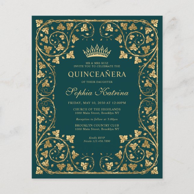 Cheap Glam Emerald Green Gold Tiara Quinceanera Flyer (Front)
