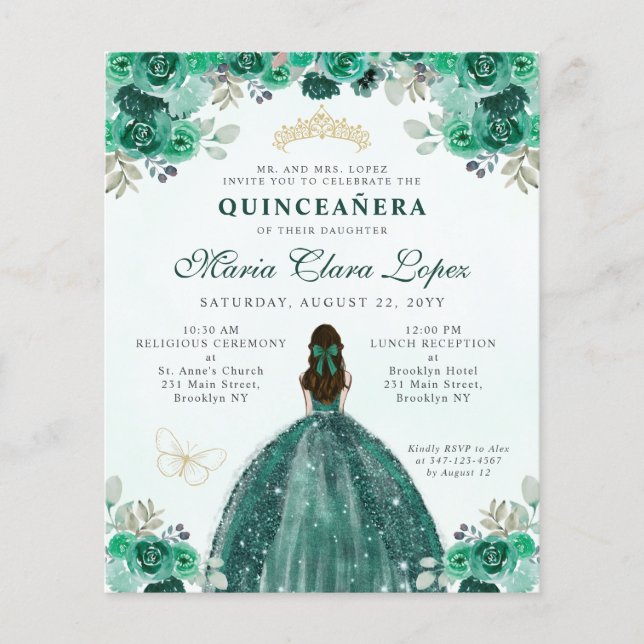 Cheap Green Gold Floral Glam Princess Quinceañera Flyer (Front)