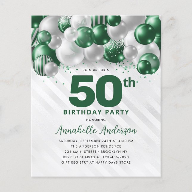 Cheap Green Silver Balloon Glitter 50th Birthday Flyer (Front)