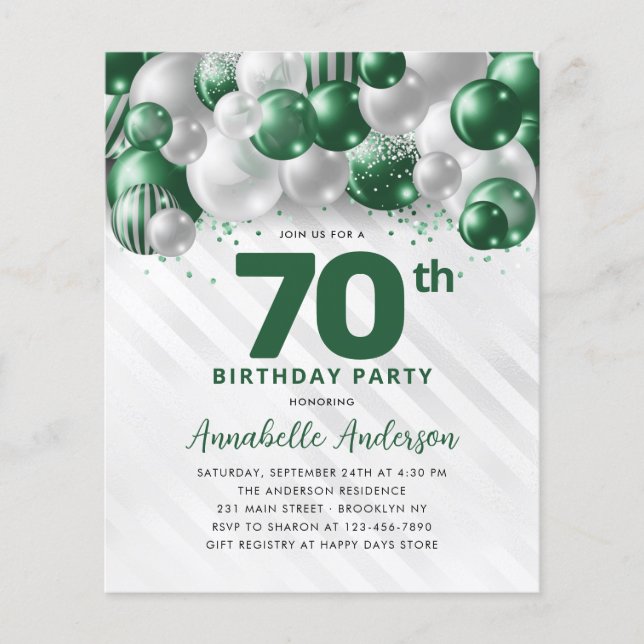 Cheap Green Silver Balloon Glitter 70th Birthday Flyer (Front)