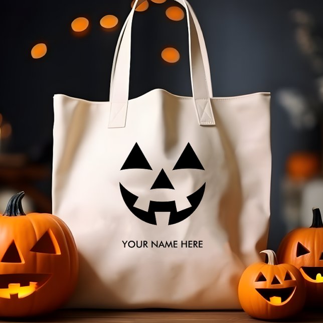 CHEAP JACK O LANTERN PUMPKIN FACE CUSTOM NAME TOTE BAG (JACK O' LANTERN PUMPKIN FACE WITH CUSTOM NAME CHEAP TRICK OR TREAT BAG FOR HALLOWEEN)
