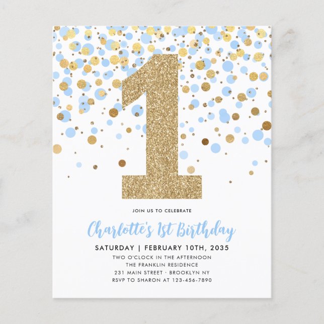 Cheap Light Blue Gold Confetti Girl 1st Birthday Flyer (Front)