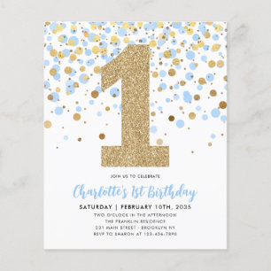 Cheap Light Blue Gold Confetti Girl 1st Birthday Flyer