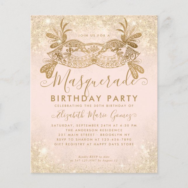 Cheap Masquerade Blush Pink Gold Glitter Birthday Flyer (Front)