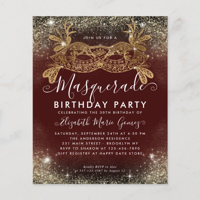 Cheap Masquerade Burgundy Gold Glitter Birthday Flyer (Front)