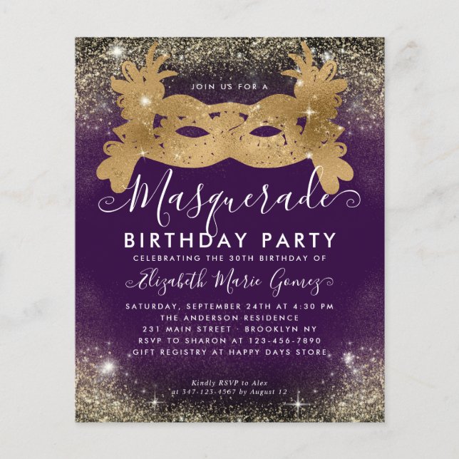 Cheap Masquerade Purple Gold Glam Glitter Birthday Flyer (Front)