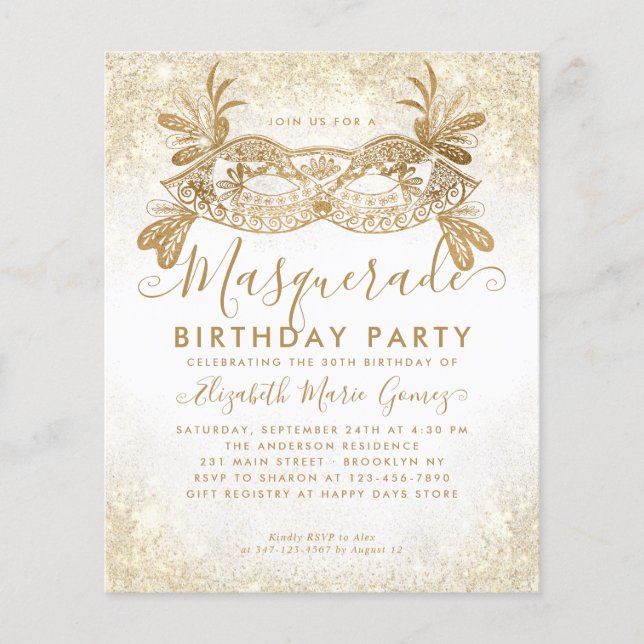 Cheap Masquerade White Gold Glitter Dust Birthday Flyer (Front)