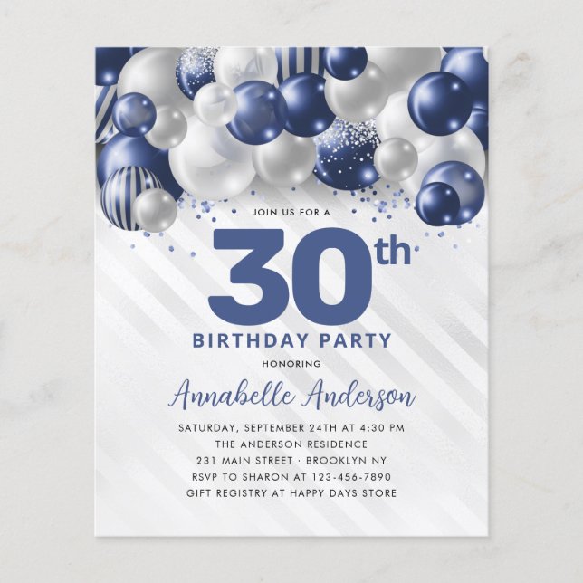 Cheap Navy Blue Silver Balloon Glitter Birthday Flyer (Front)