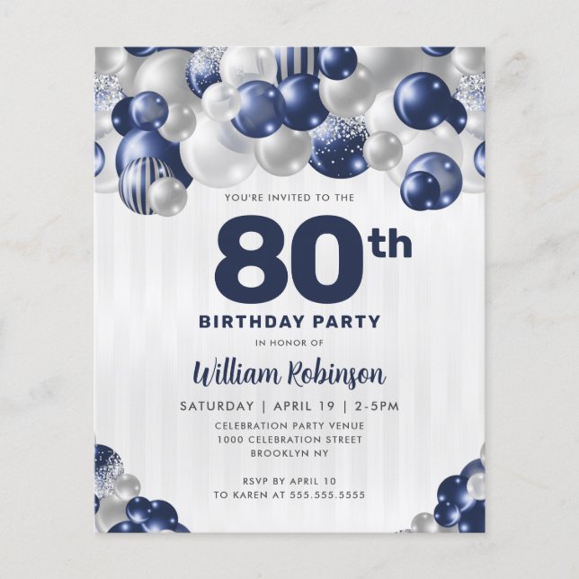 Cheap Navy Blue Silver Glitter Balloon Birthday Flyer (Front)
