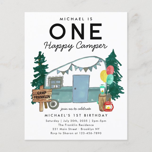 Cheap ONE Happy Camper Van Forest 1st Birthday Flyer (Front)