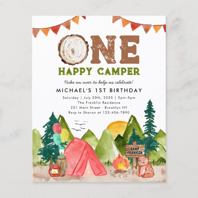 Cheap One Happy Camper Woodland Bear 1st Birthday Flyer (Front)