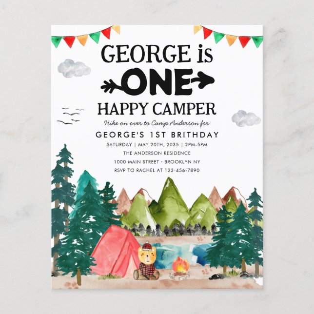 Cheap ONE Happy Camper Woods Camping 1st Birthday Flyer (Front)
