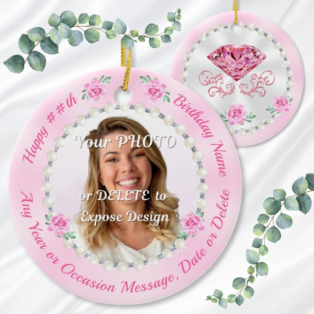 Cheap, Personalised Photo Birthday Ornaments, Pink Ceramic Ornament (Birthday gift for female coworker, female friend, wife, mom and her. 60th or 30th birthday ornaments)