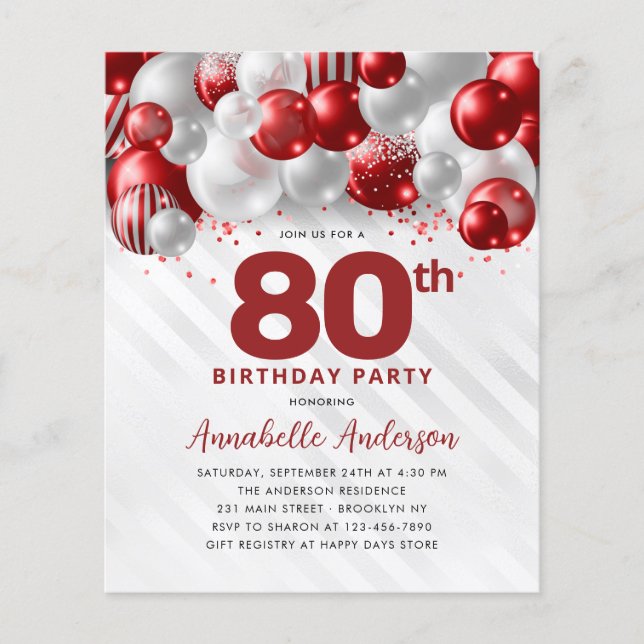 Cheap Red Silver Balloon Glitter 80th Birthday Flyer (Front)