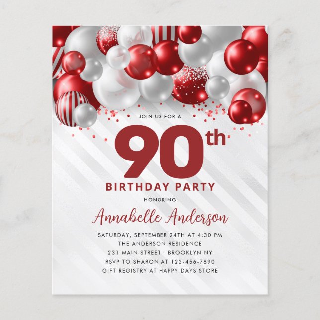 Cheap Red Silver Balloon Glitter 90th Birthday Flyer (Front)
