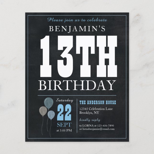 Cheap Rustic Chalkboard Blue Balloon 13th Birthday Flyer (Front)