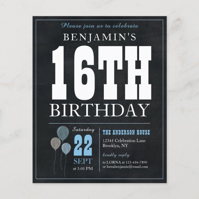 Cheap Rustic Chalkboard Blue Balloon 16th Birthday Flyer (Front)