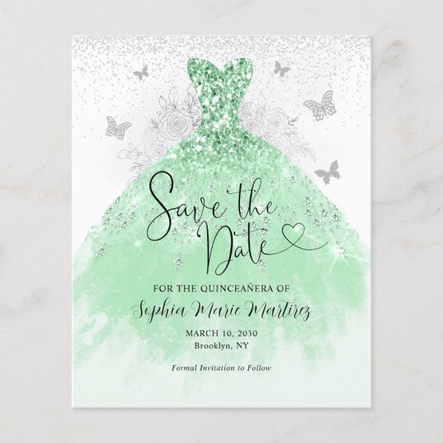 Cheap Sage Green Dress Quinceañera Save the Date Flyer (Front)