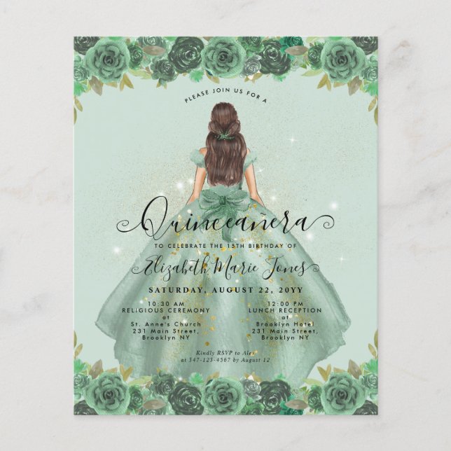 Cheap Sage Green Gold Floral Princess Quinceanera Flyer (Front)