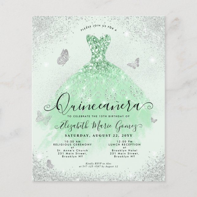 Cheap Sage Green Silver Glitter Gown Quinceanera Flyer (Front)