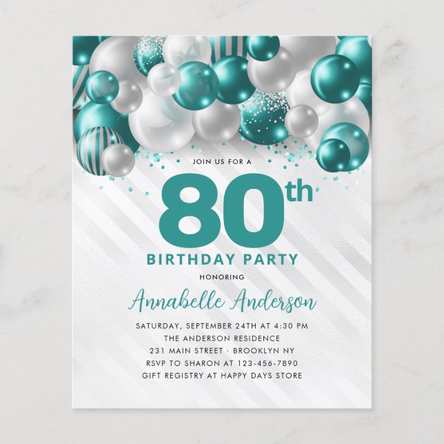 Cheap Teal Silver Balloon Glitter 80th Birthday Flyer (Front)