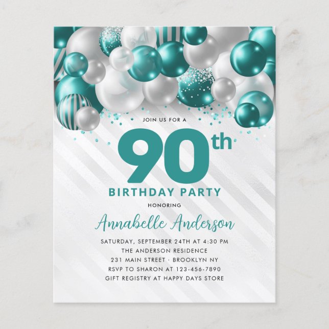 Cheap Teal Silver Balloon Glitter 90th Birthday Flyer (Front)