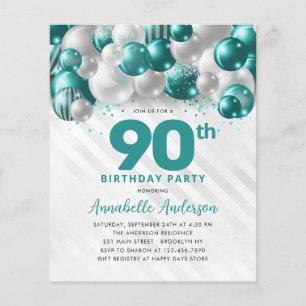 Cheap Teal Silver Balloon Glitter 90th Birthday Flyer