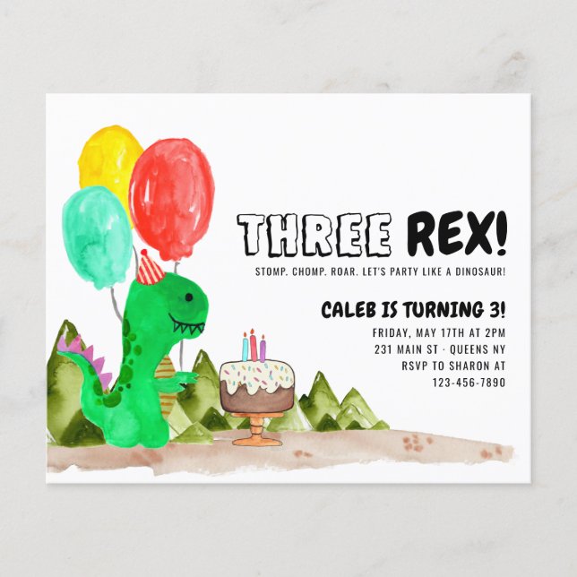 Cheap THREE Rex Balloon Cake Dinosaur 3rd Birthday Flyer (Front)