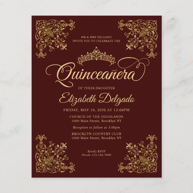 Cheap Vintage Burgundy Gold Frame Quinceanera Flyer (Front)