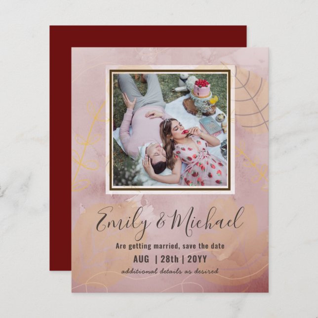 Cheapest PHOTO Budget Save Dates Watercolor Leaves (Front/Back)
