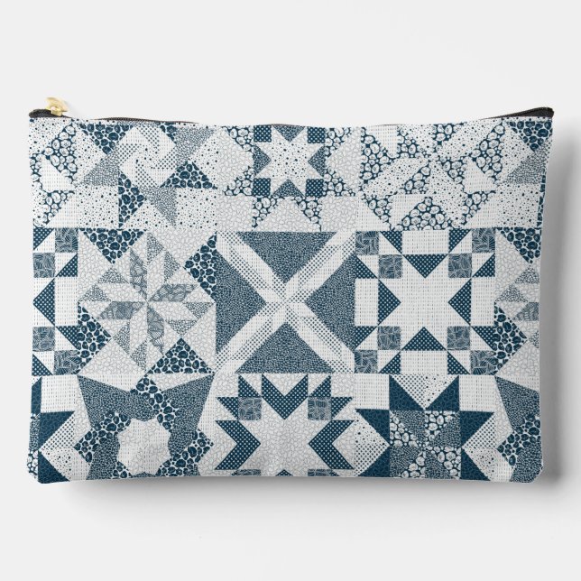 Cheater Traditional Patchwork Stars Quilt Blue Accessory Pouch (Front)