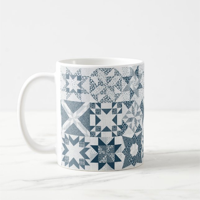 Cheater Traditional Patchwork Stars Quilt Blue Coffee Mug (Left)