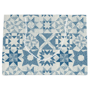 Cheater Traditional Patchwork Stars Quilt Blue Large Gift Bag