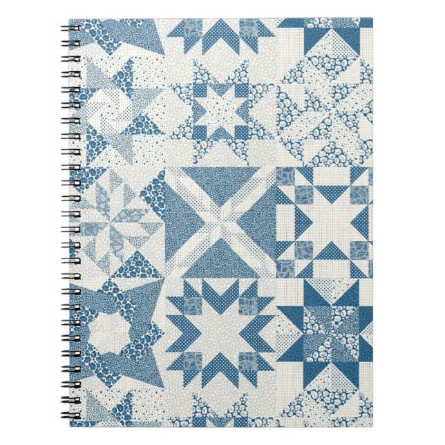 Cheater Traditional Patchwork Stars Quilt Blue Notebook (Front)