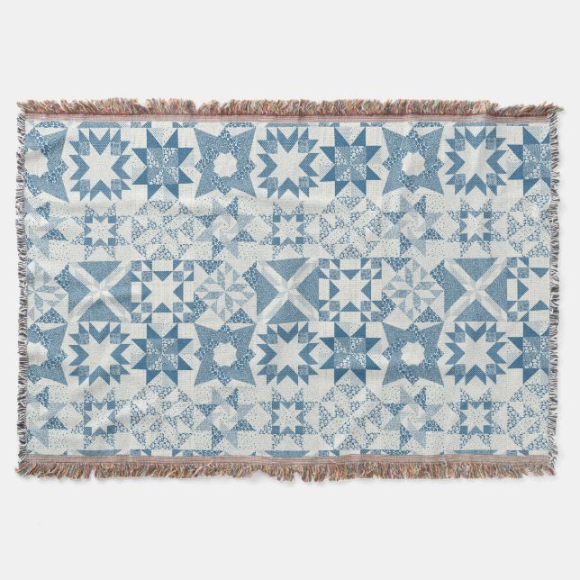 Cheater Traditional Patchwork Stars Quilt Blue Throw Blanket (Front)