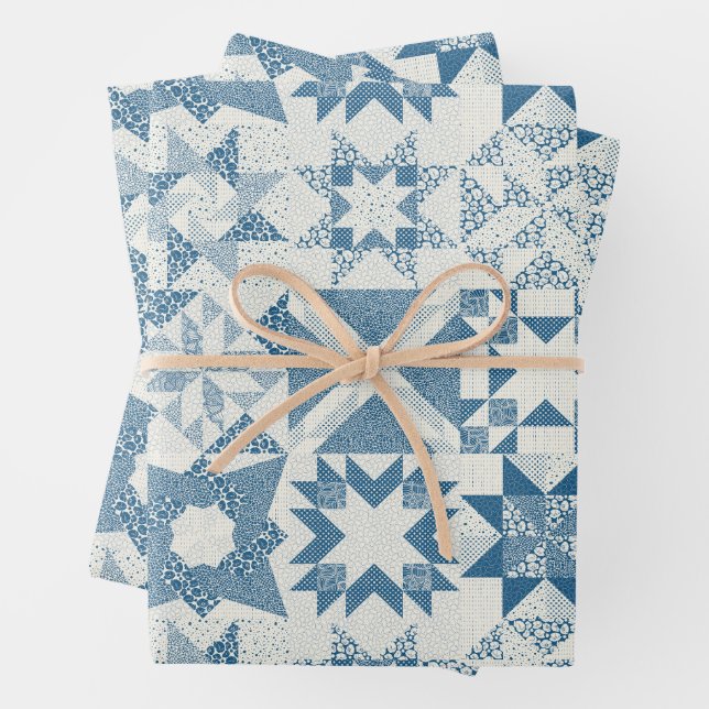 Cheater Traditional Patchwork Stars Quilt Blue Wrapping Paper Sheet (In situ)