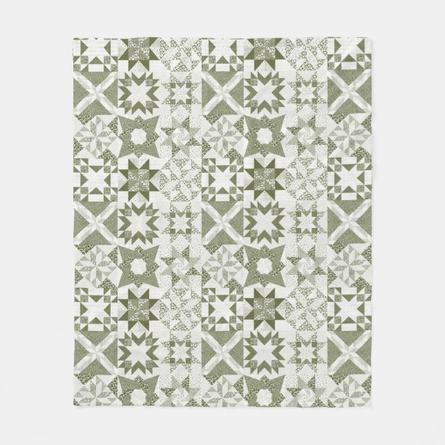 Cheater Traditional Patchwork Stars Quilt Green Fleece Blanket (Front)